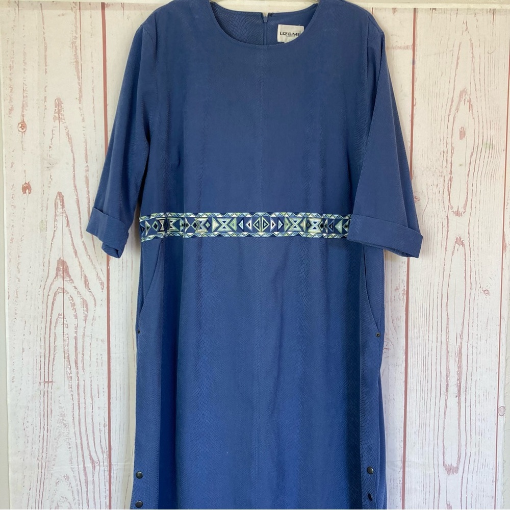 Vintage Liz & Me Maxi Dress Plus Size 3X Blue Moleskin Snake Texture 3/4 Sleeve